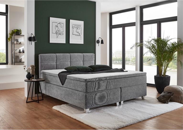 Boxspringbett, Bett, Boxspringbett, Stoffbett, graues Bettgestell, Holzboden