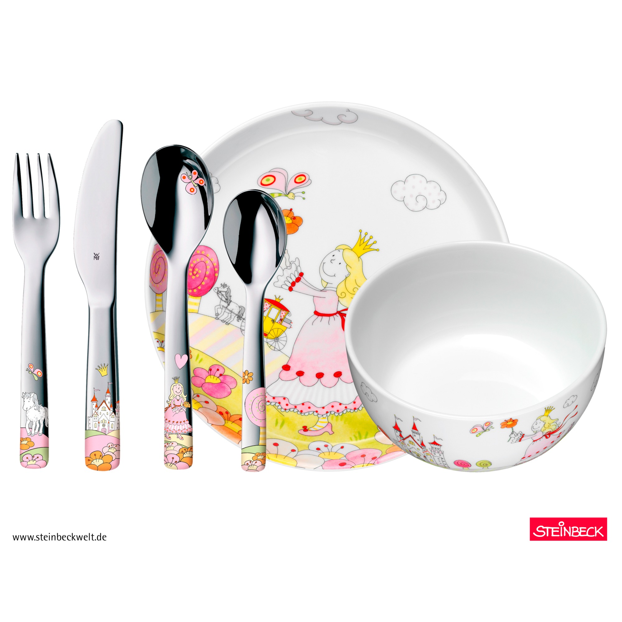 WMF Kindergeschirr-Set Prinzessin Anneli, 6-teilig in poliertem Edelstahl WMF Kindergeschirr-Set Prinzessin Anneli, 6-teilig in poliertem Edelstahl, Kinderteller, Besteckset, Geschirr, Schüssel, Tellerset