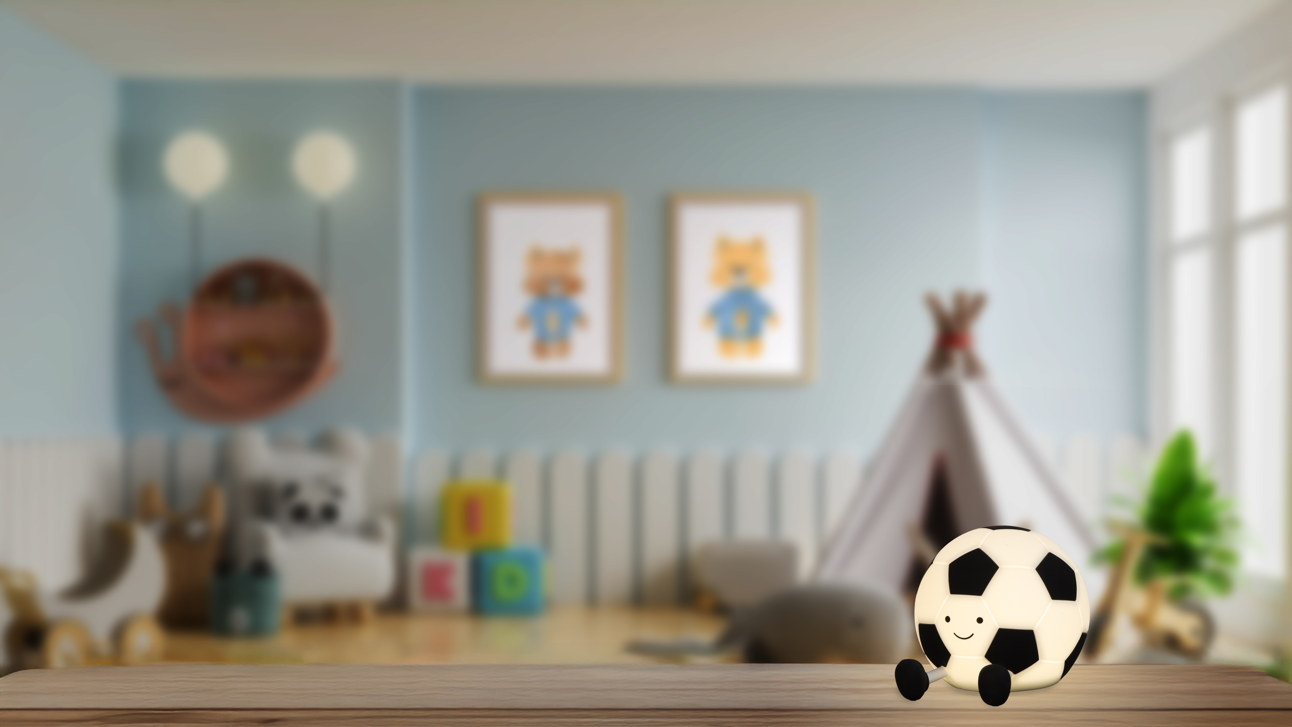 FH Lighting LED-Tischleuchte KALLE in Silikon weiß-schwarz, Sphäre, Fußball, Innenarchitektur, Wohnzimmer, Holz