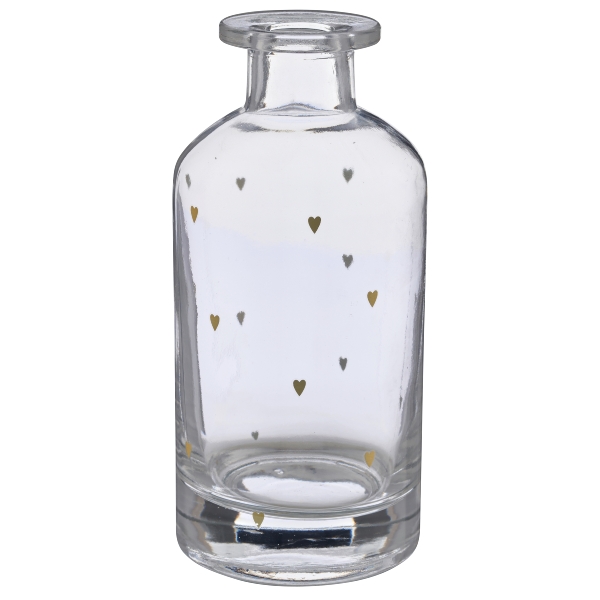Flaschenvase Dekor 4425518-39 in Gold, Glasflasche, Dekorflasche, Herzen Muster, Durchsichtig, Kleines Format