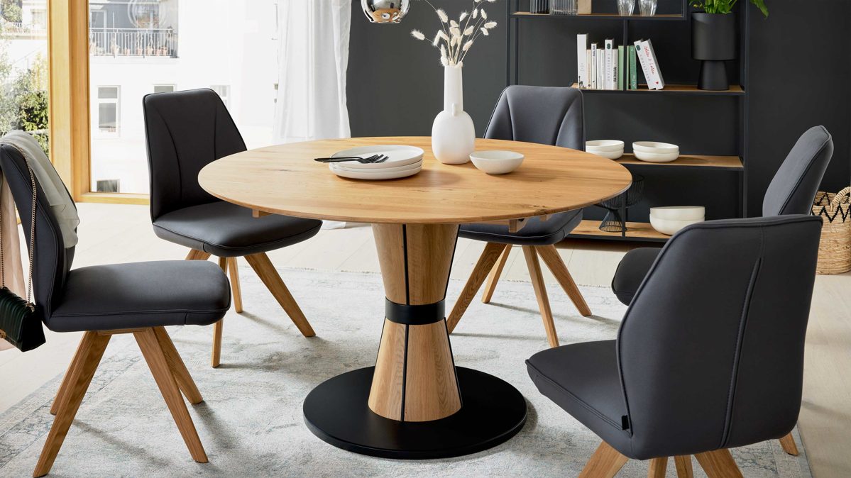 Interliving Esstisch IL 5102 Ø ca. 130cm in Wildeiche massiv geölt/Schwarz, Moebel, Tabelle, Tischplatte, Esstisch, Stuhl