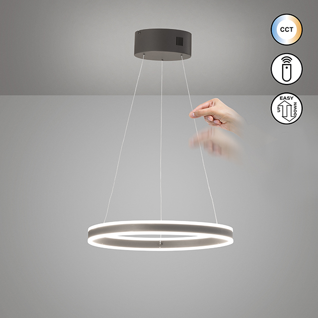 Fischer & Honsel LED-Pendelleuchte SILVIO 1-flammig in Farbe Metall sandgrau/Acryl weiß, hängende Leuchte, Ringleuchte, LED-Ring, größere Lichtquelle, schwebend