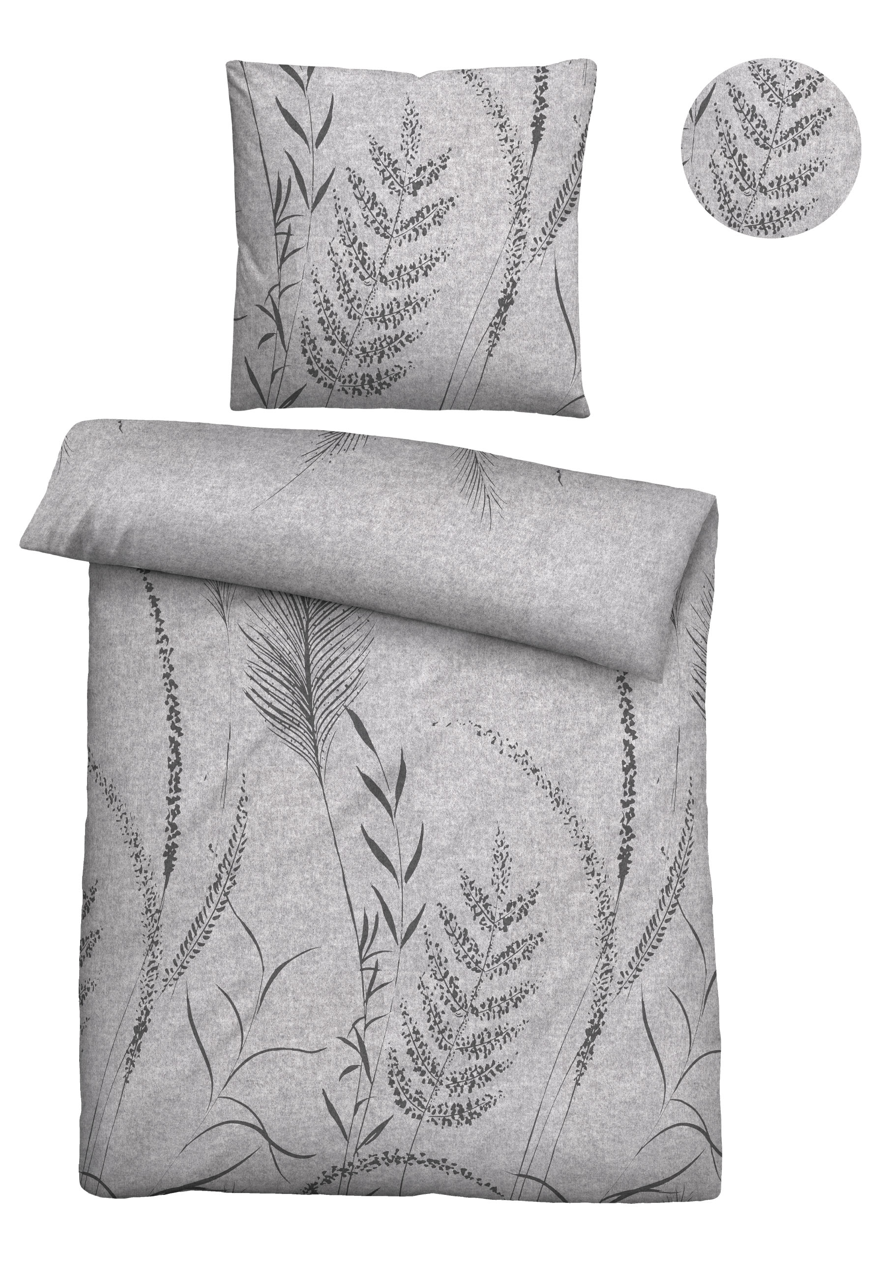 biberna Melange-Flanell-Bettwäsche ca. 155x220cm in Farbe Sturmgrau, Bettwäsche, Bettbezug, Kissenbezug, Pflanzenmuster, Gråton