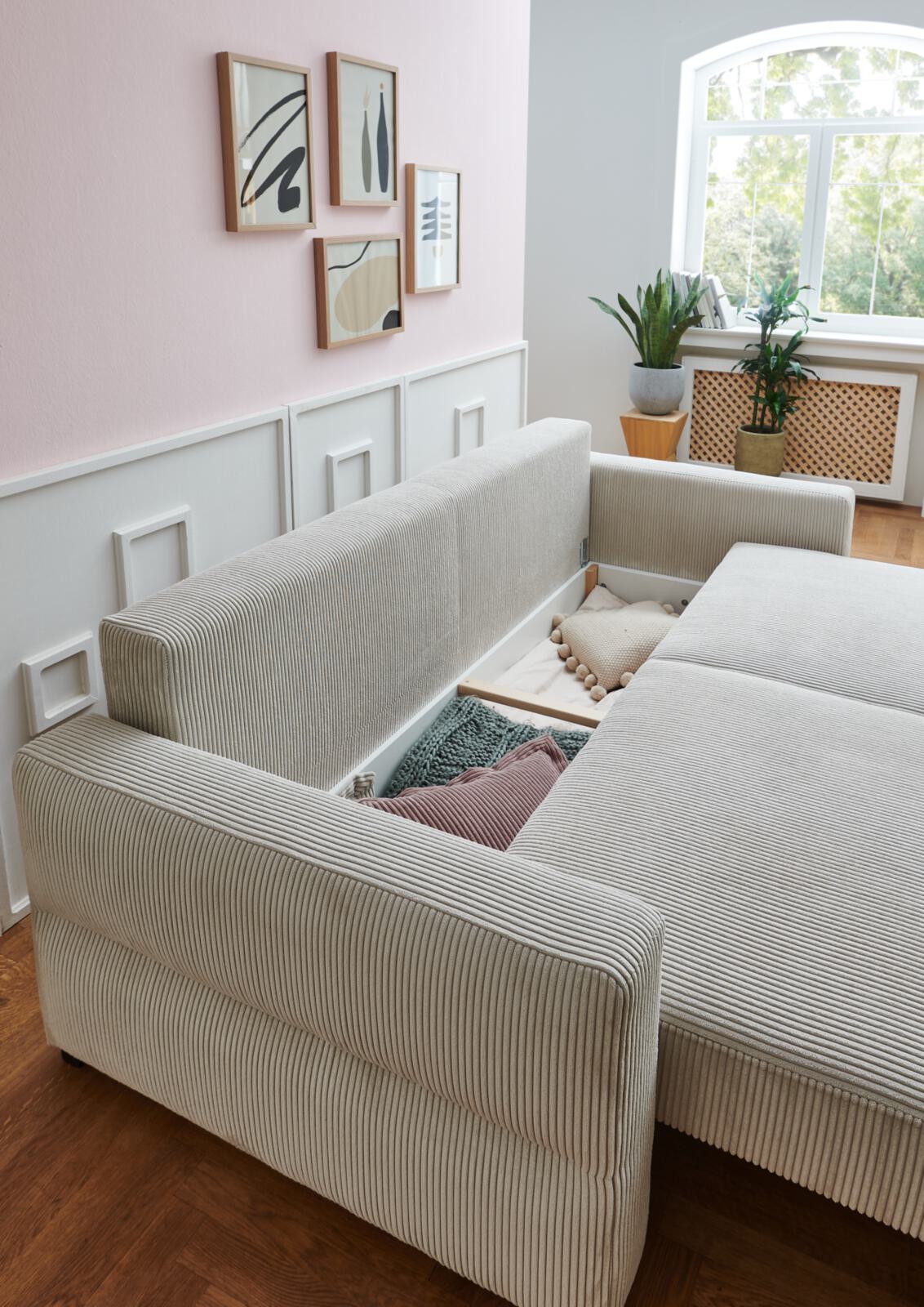 Querschläfer Linett Beige Restyl Schlafsofa Linett ca. 160x200cm in Stoff Cord natur