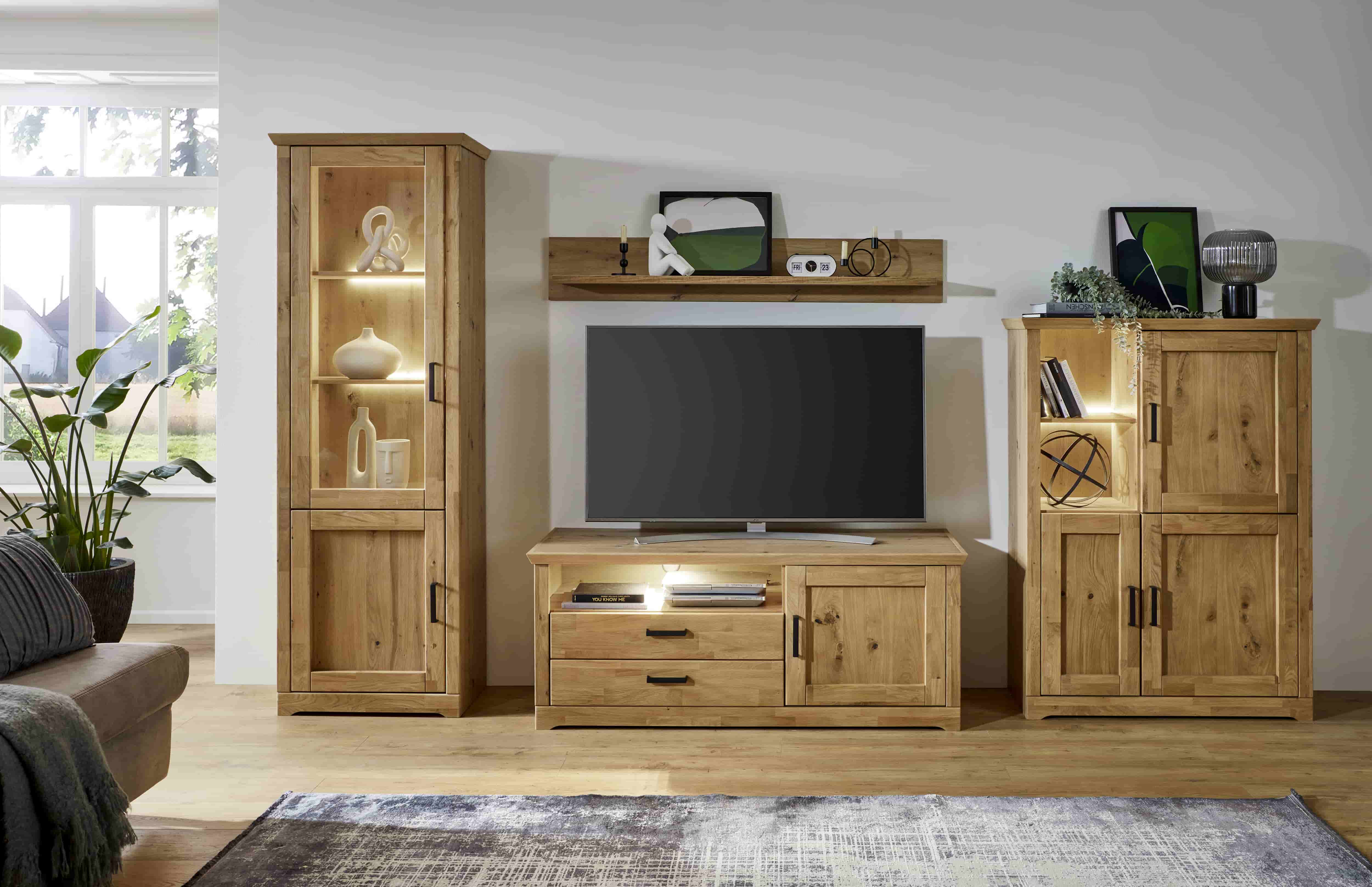 Wohnkombination BOSTON in Holzfarben Ideal Möbel Wohnkombination BOSTON ca.B337 H204 T52 cm in Asteiche Bianco/Rahmen massiv