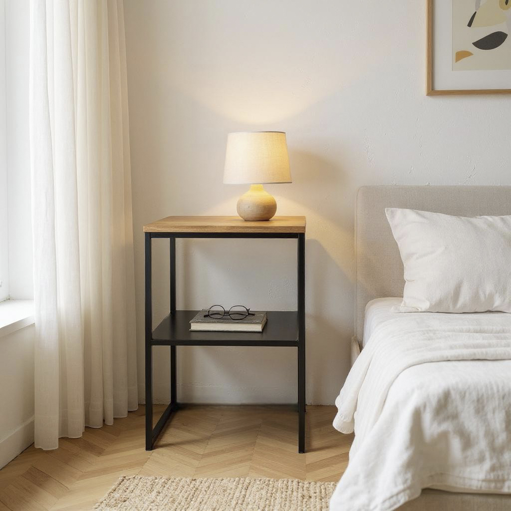 Beistelltisch SACRAMENTO in Schwarz, Nachttisch, Nachttisch, Lampe, Schlafzimmer, Metallrahmen