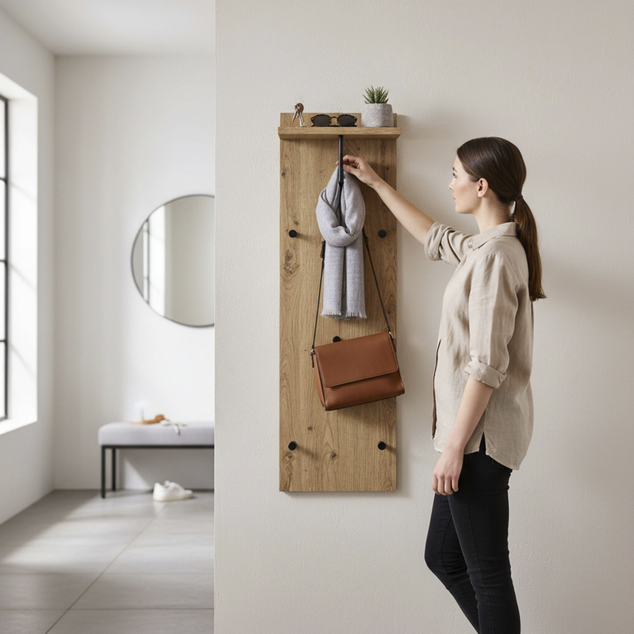 Wandgarderobe PARMA 9 in Farbe Eiche hell, Schwarz Wandgarderobe in Mehrfarbig, Garderobe, Vorrichtung, Wandhaken, Schal, Tasche
