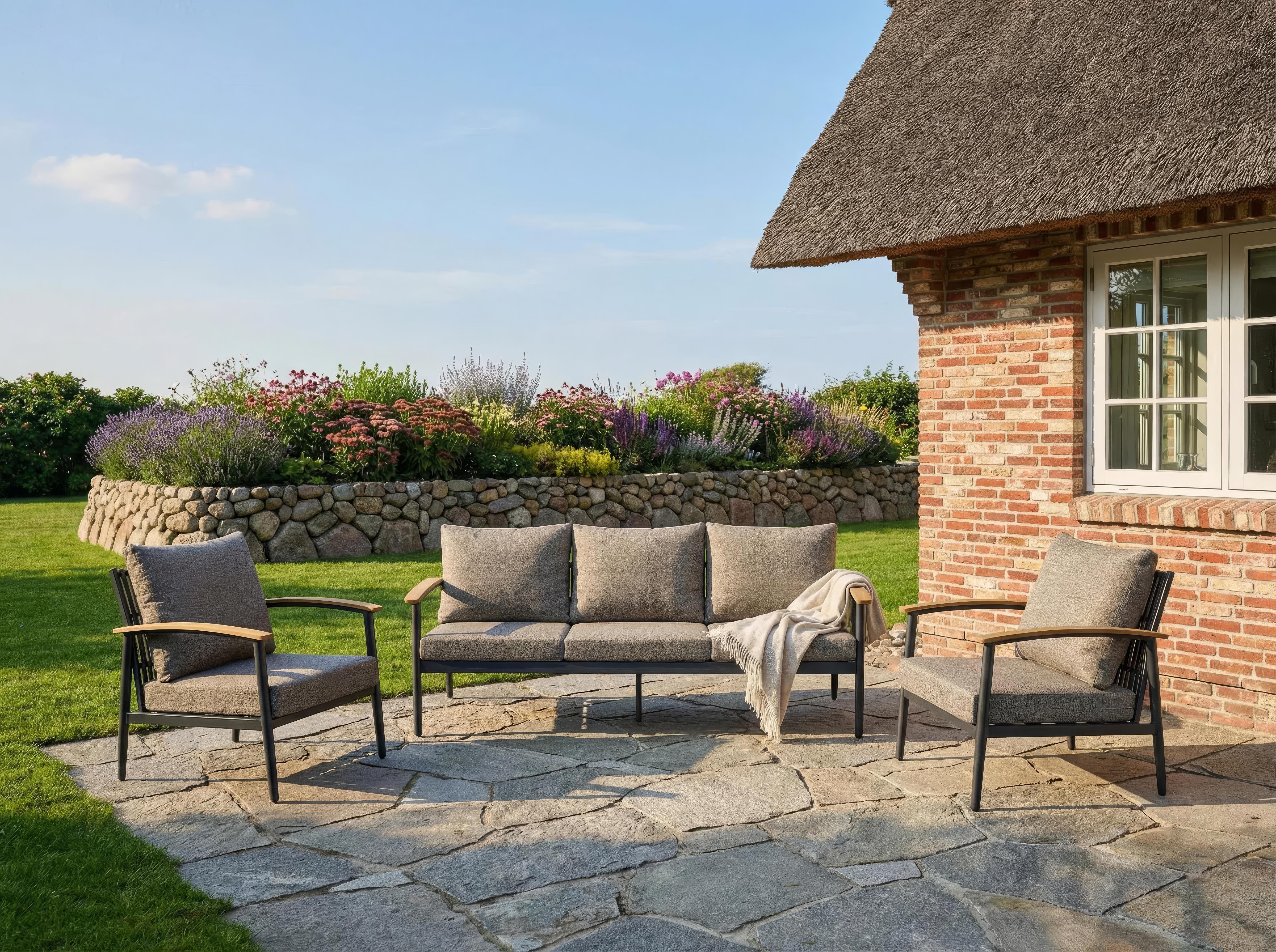 L.C. Wholesaler Living-Set 3-tlg. AVENTO in Farbe Geflecht Rope-Optik grau/Aluminium anthrazit, Hinterhof, Hof, Fußboden, Stuhl, Mobiliar