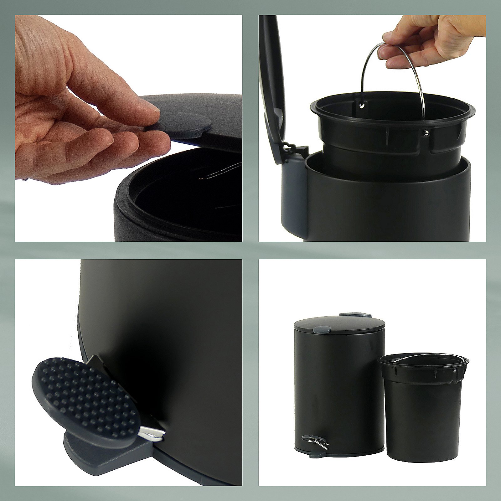 Kela Kosmetikeimer MATS in Farbe Schwarz, Abfallbehälter, Mülleimer, Trommelfilter, Silbergriff, Deckel, Kaffeekanne, Kaffeebereiter, Thermobecher, Abfalleimer, Deckel