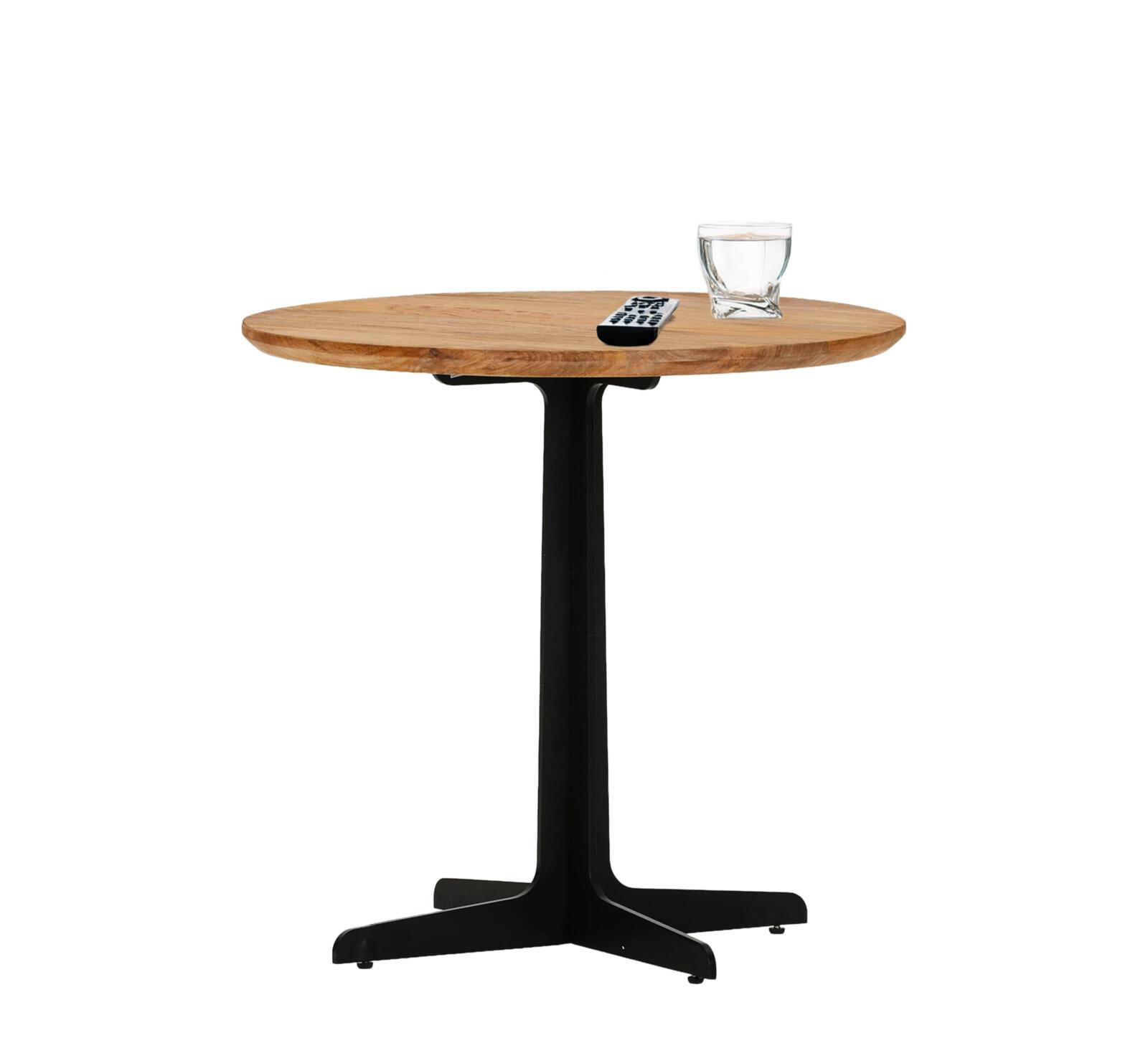 // Beistelltisch // Platte Mango massiv natur, gebeizt und lackiert // Metallgestell schwarz // Durchm:ca.60cm, H58 cm // mit Schweizer Kante, Esstisch, Holztisch, Rundtisch, Holzplatte, Metallbasis