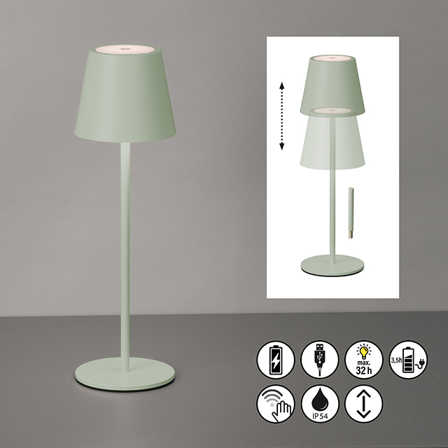 FH Lighting LED-Tischleuchte VILETTO in Metall salbeigrün, Stehleuchte, Tischleuchte, Grün, Kegelförmiger Schirm, Standleuchte