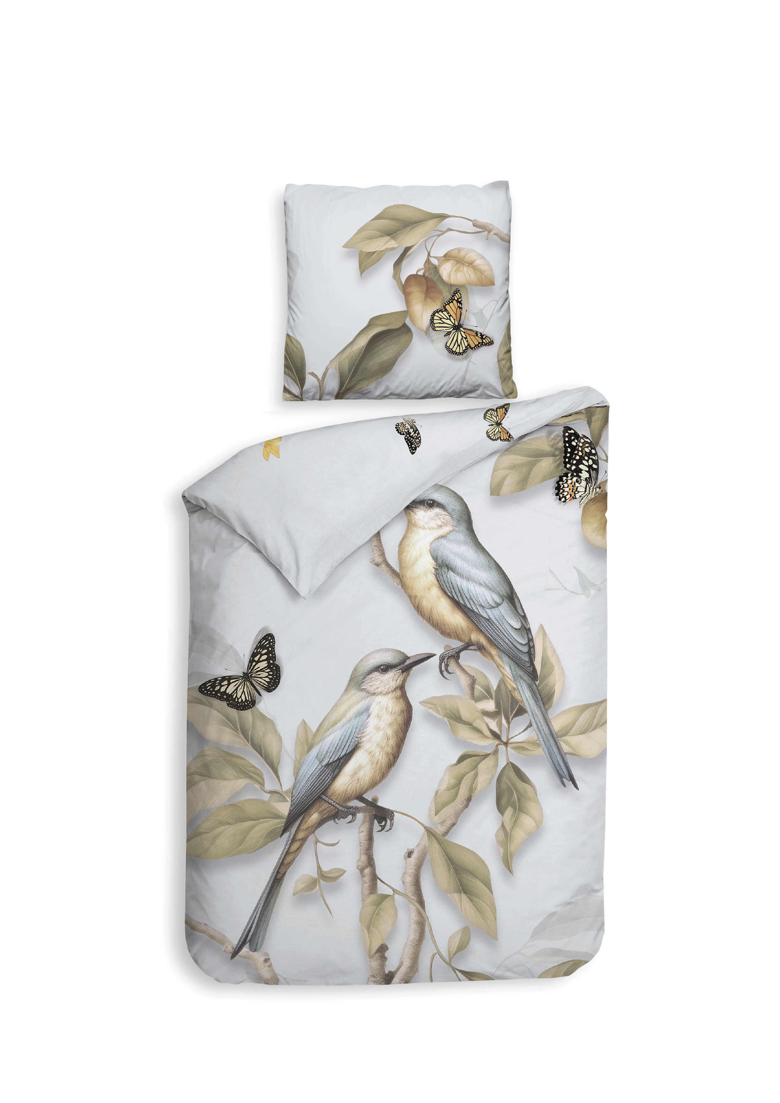 Bettwäsche ca.135x200cm in Fb.light blue, Vogel-Druck, Vogelmotiv, Bettwäsche, Pflanzenzweige, Schmetterlinge