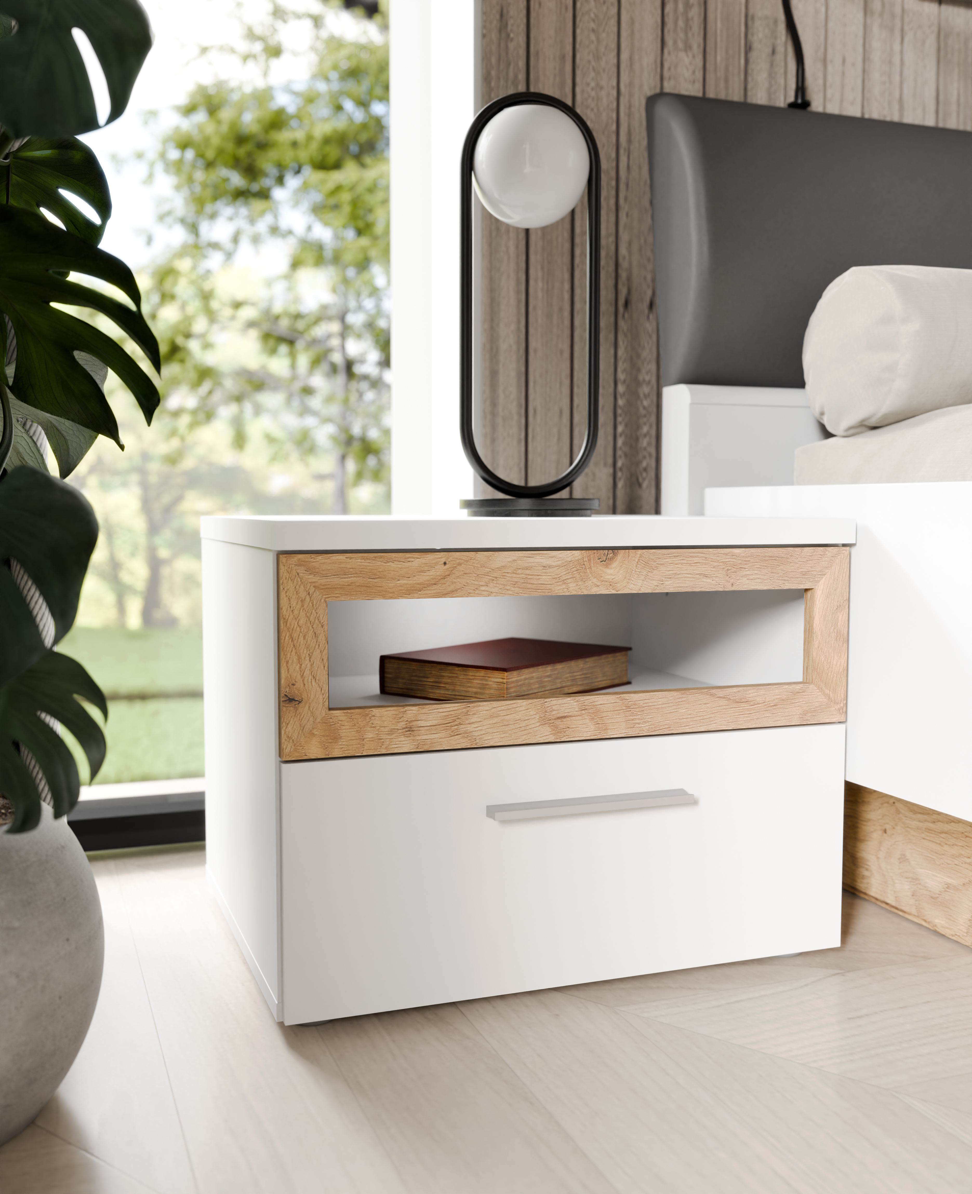 Forte Nachtkonsolen MAYACUS in weiss/Mauvella Oak M953