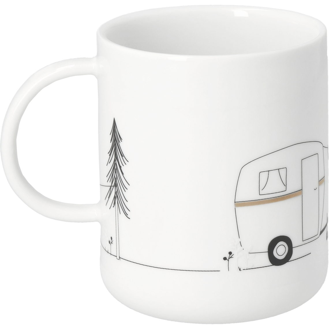 Räder Geschenktasse Camping in Farbe Weiß, Schwarz, Gold, Weißer Becher, Campingbus-Design, Wohnwagen-Illustration, Waldszene, Keramikbecher