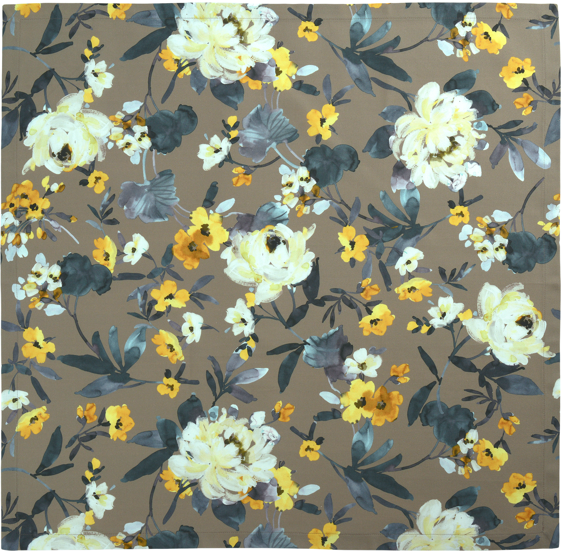 Sander Tischdecke LA ROSA ca. 85x85cm in Farbe dk.taupe, floral pattern, gelbe Blumen, weiße Pfingstrosen, graugrüne Blätter, Stoffsdesign