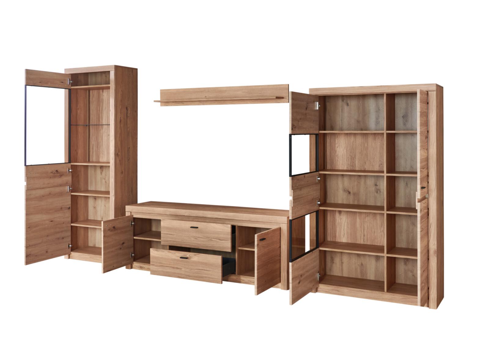 Wohnkombination WINSTON in Eiche Gustavson Melamin, Wohnwand, Wohnzimmerschrank, Regalwand, Massivholz, Garderoberegal