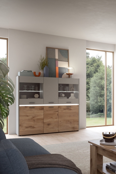 Xonox Home Highboard CELINO in Front/Korpus hellgrau Nachbildung / Absetzung Nox Oak Nachbildung