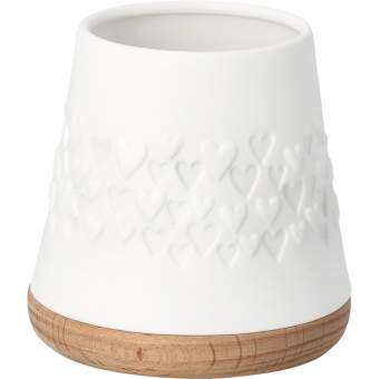 Windlicht HERZEN in Herzen, Vase, Keramik, Weiß, Muster, Holzfuß