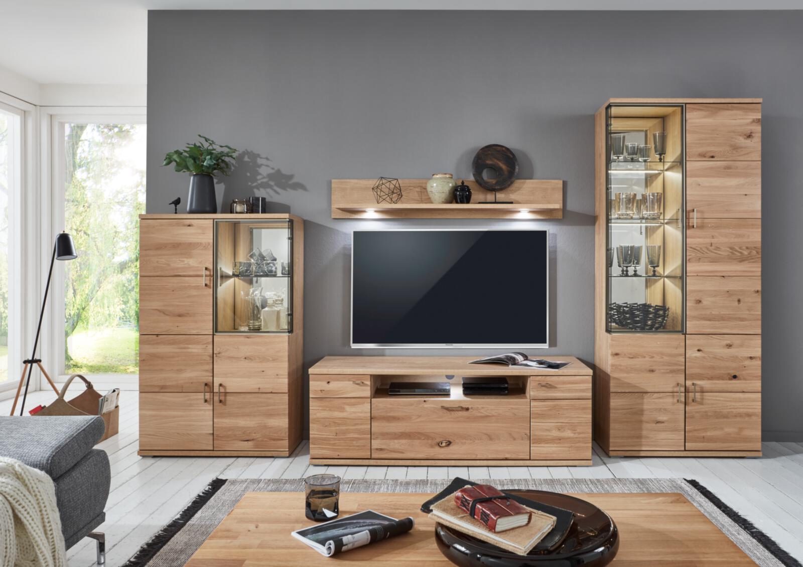 Wohnkombination BRILON in Alteiche Lamelle massiv geölt, Innenarchitektur, Unterhaltungszentrum, Computerausrüstung, Überwachen, Bildschirm