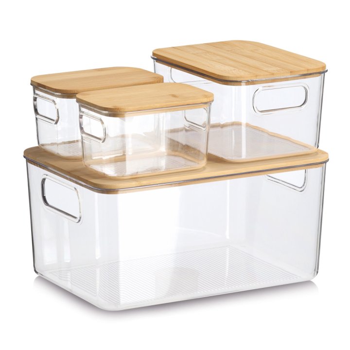 Zeller Aufbewahrungsboxen-Set in Transparent, Glasbehälter, Aufbewahrungsbehälter, Holzdeckel, Matzenschutz, Set mit Deckeln