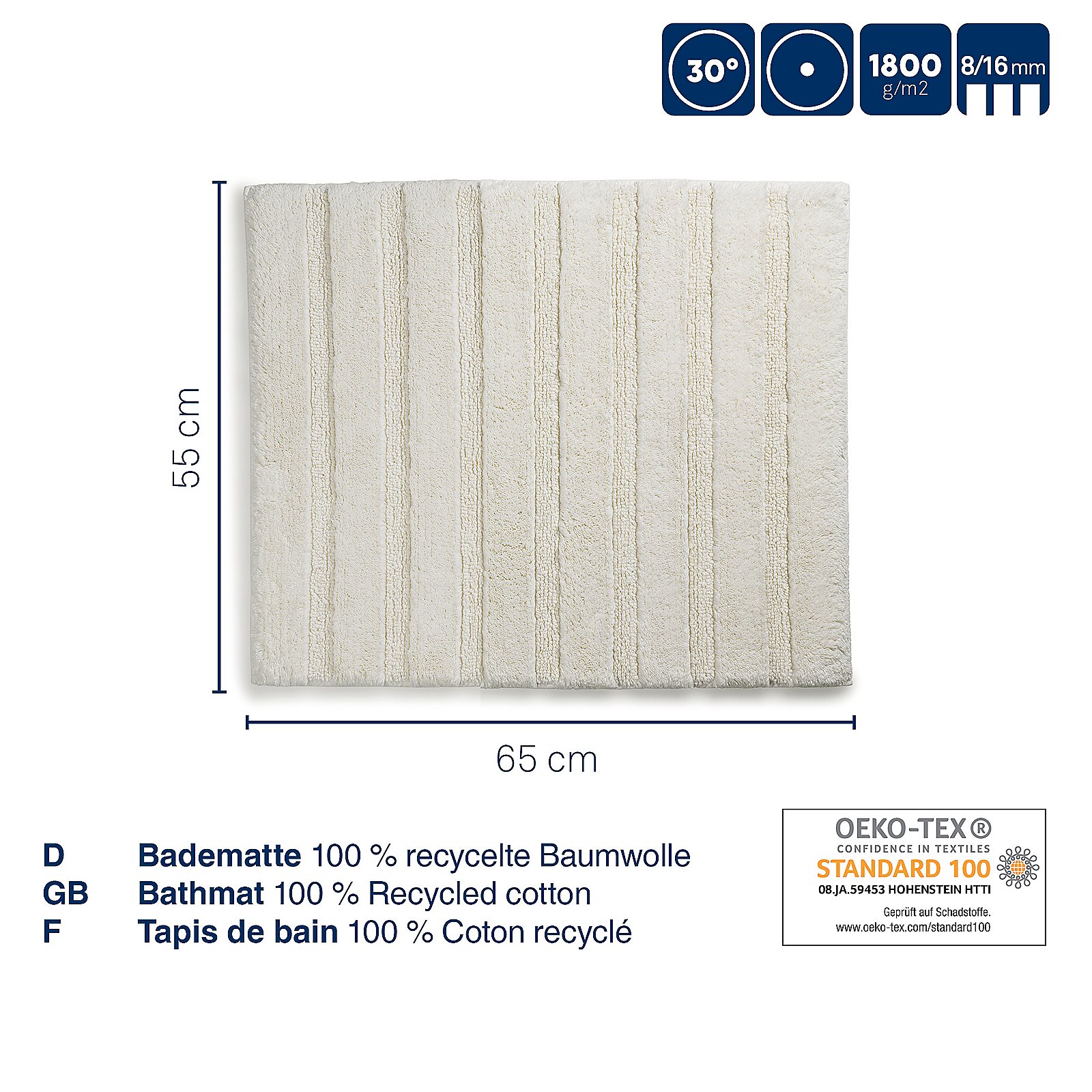 Kela Badematte MEGAN in Farbe Granitgrau, Badematte, Fliesen-/Wandtapete, Baumwolle, recycelte Baumwolle, Textil-Schwamm-Optik, Tapis, Tapis de bain, 100% coton, coton recyclé, texture côtelée