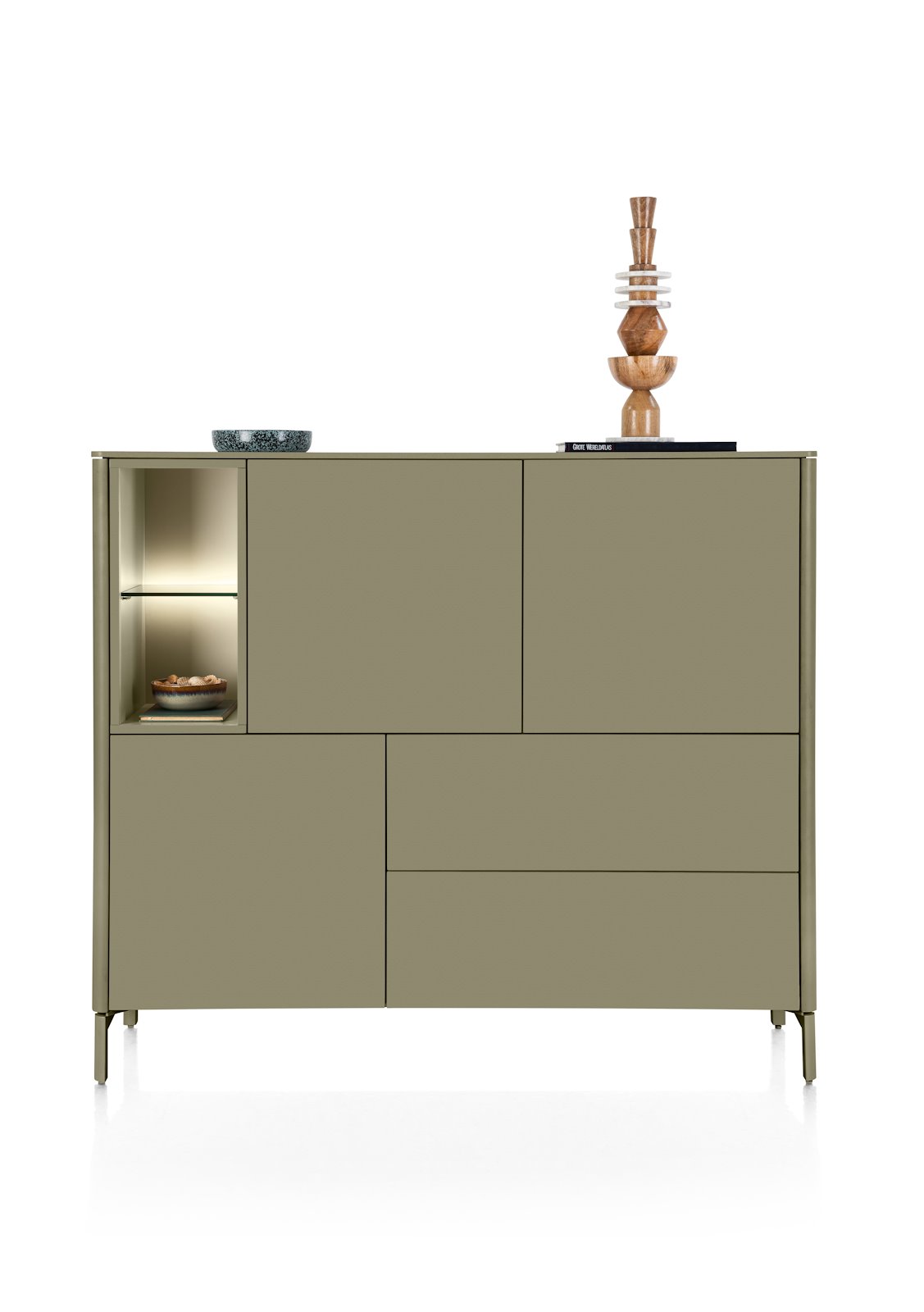 XOOON Highboard TRENTINO ca. B153 H132 T42 cm in MDF olive lackiert, Sideboard, Schrank, Aufbewahrungseinheit, Beige, Holz Akzente