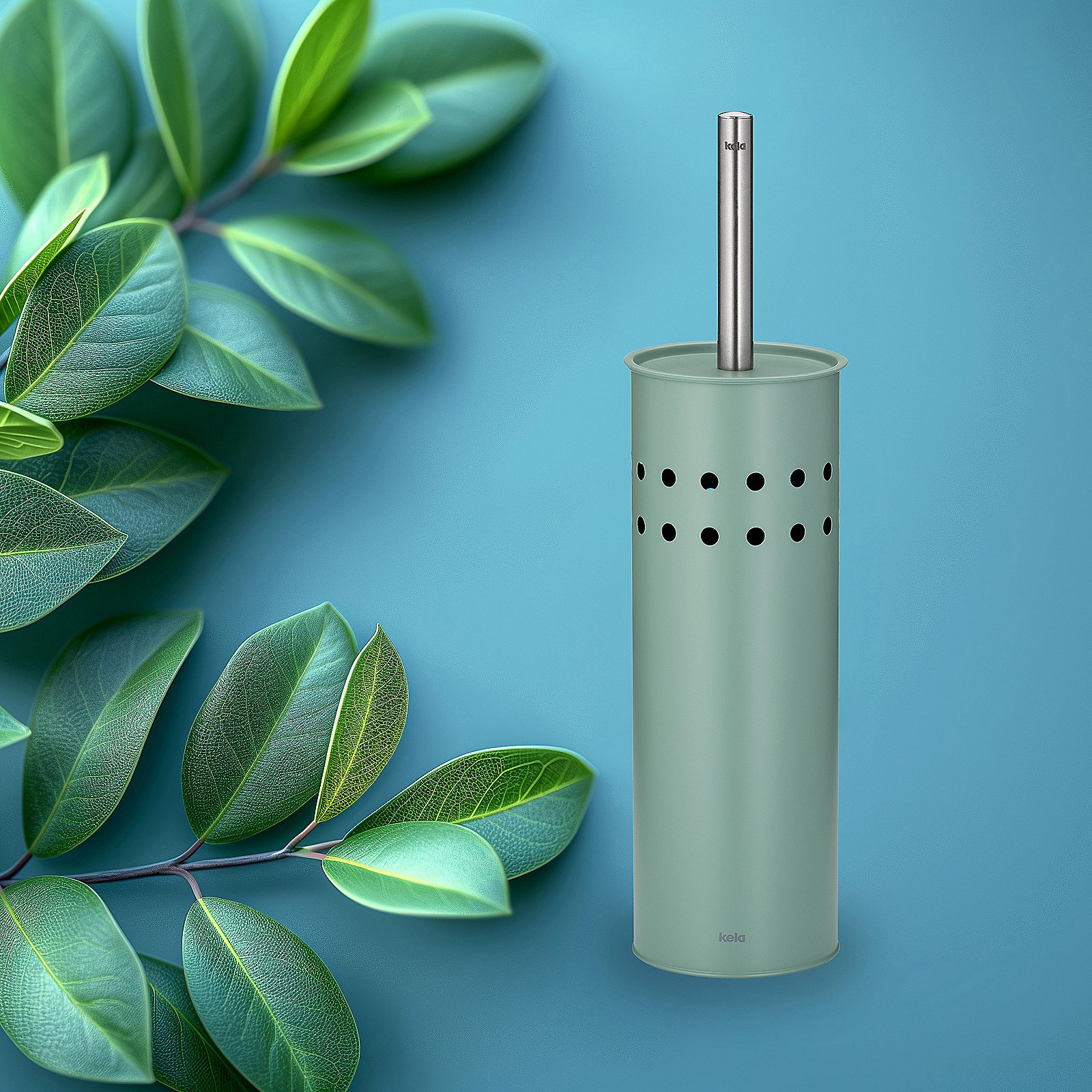 Kela WC-Garnitur LEO in Farbe Jadegrün, küche, Utensil, perforiert, grün, Edelstahl, Küchenutensil, Perforierter Behälter, Edelstahlstab, grüner Zylinder, ökologisches Design