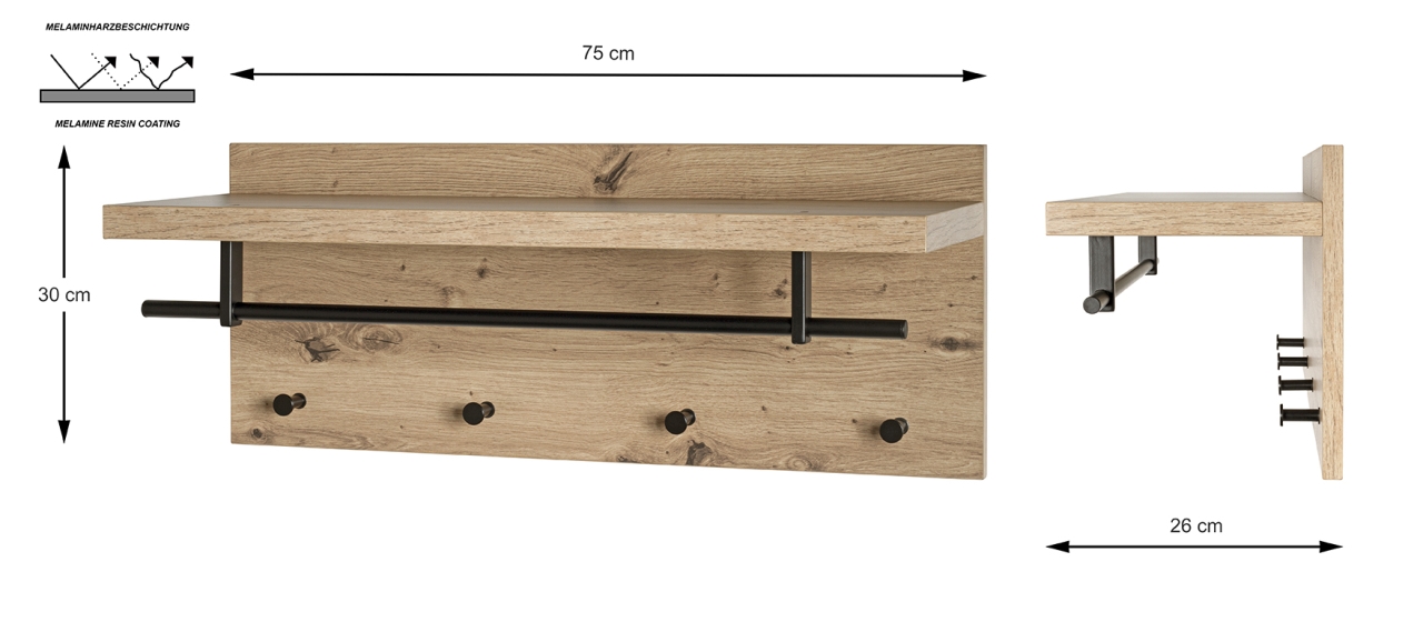 Haku Möbel Wandgarderobe in Eiche, schwarz (Eiche hell), ca. B75 H30 T26 cm, Moebel, Schublade, Tabelle, Kabinett, Holz