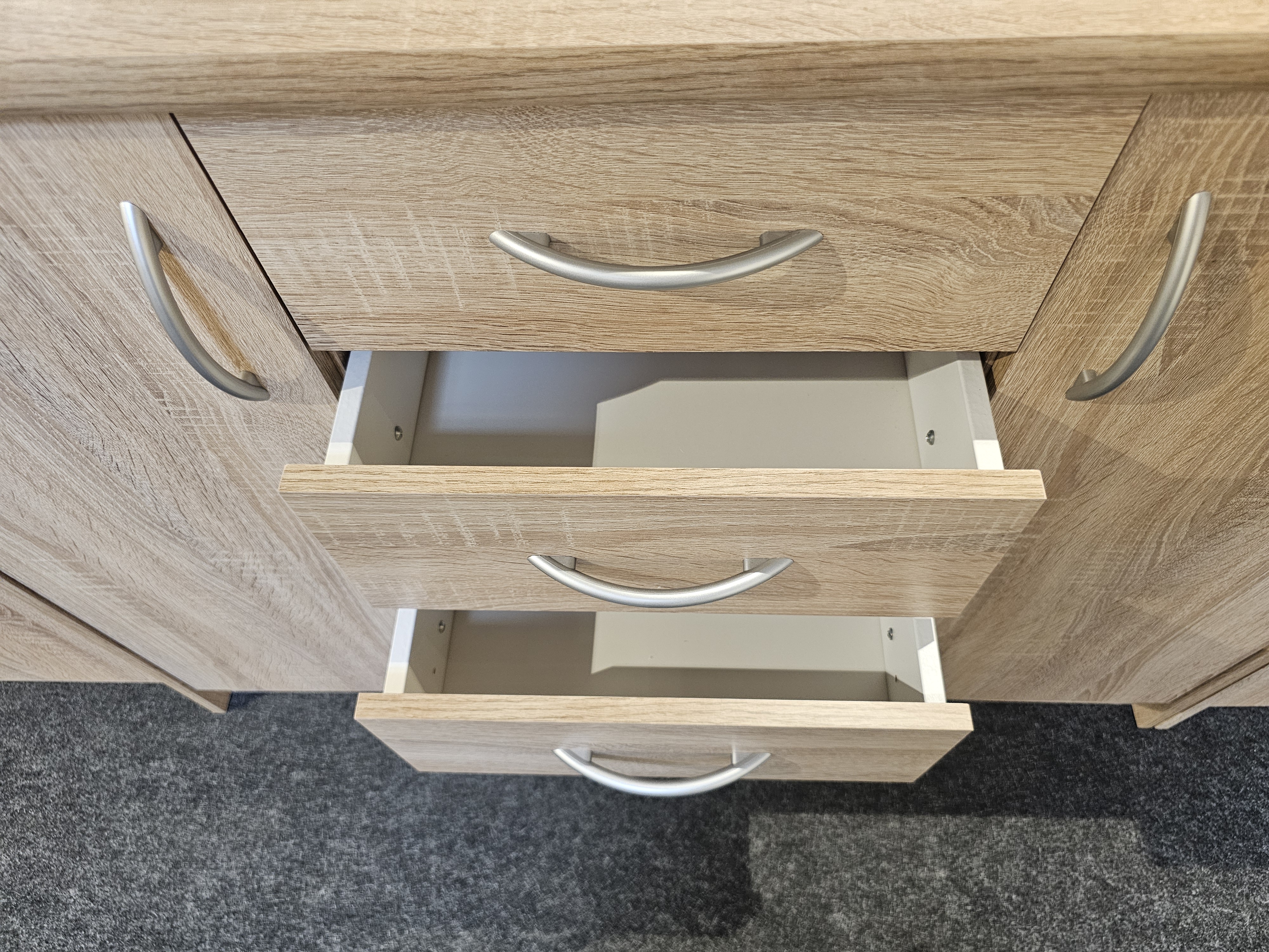 Kommode OPTIMUS in Holzfarben, küchen-schublade, holzoptik, schrank, silber-griff, offene-schublade
