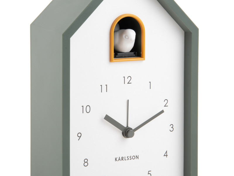 Wecker MODERN CUCKOO in Fb. jungle green, 12x20x6cm, Kuckucksuhr, Wanduhr, Holz, grau, Ziffernblatt