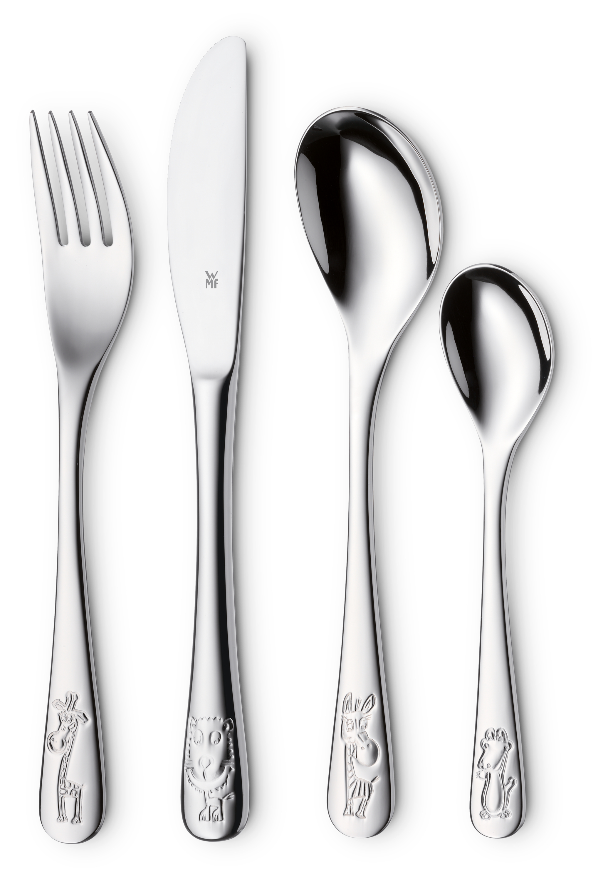 WMF Kindergeschirr-Set Safari, 6-teilig in poliertem Edelstahl, Gabel, Messer, Löffel, Besteckset, Kinderdesign