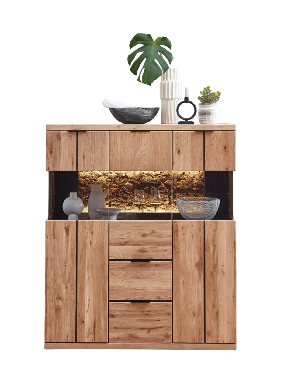 Wohn-Concept Highboard DONNA in Wildeiche Bianco massiv gebürstet, Sideboard, Eichenholz, Stauraum-Sideboard, Holzmöbel, Vitrinenschrank