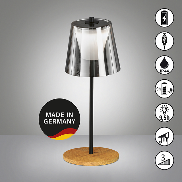 Fischer & Honsel LED-Tischleuchte SHINE-WOOD 1-flammig in Metall sandschwarz/Glas rauchfarbig