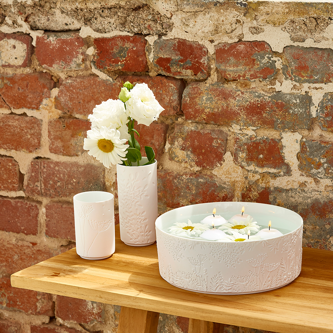 Schale WUNDERGARTEN in Farbe weiß, Deko-Schale, Teelicht-Set, Vase, Blumen-Deko, Florale Dekoration