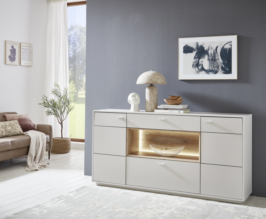 Sideboard CORUNA in , Sideboard, Wohnzimmermöbel, weiße Kommode, Aussparung Beleuchtung, Dekorartikel