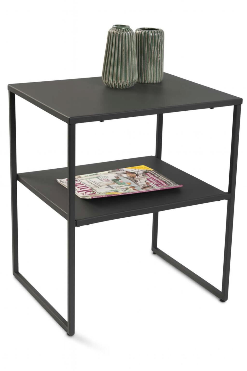 Beistelltisch TIMUR in Deckplatte Metall anthrazit, Beistelltisch, Metallrahmen, Schwarz, 2 Ebenen, Magazineablage