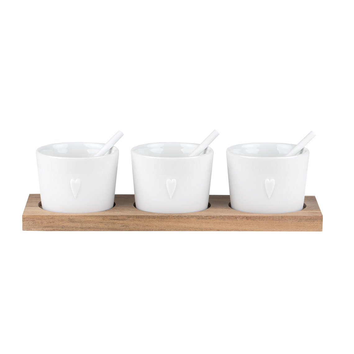Dipschalen-Set "Herz" DREIERLEI in Farbe weiß, Teetassen, Schnabeltassen, Holzunterlage, Weiße Keramik, Drei Tassen