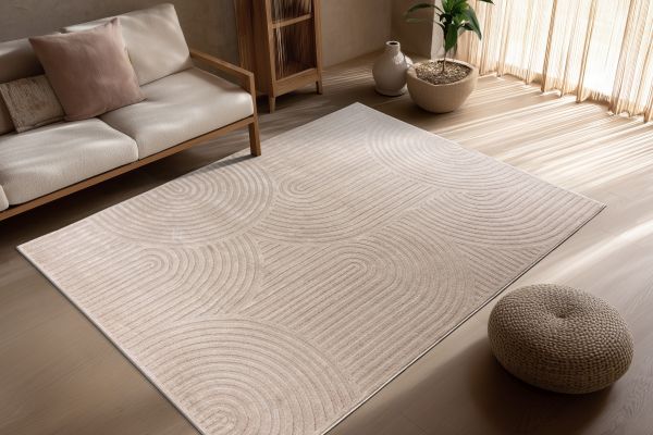 Webteppich GALA ca. 80x150cm in Farbe beige, wohnzimmer, teppich, ringe, designteppich, kreis Muster