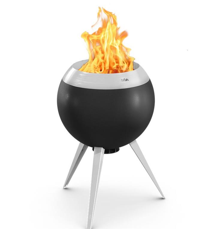 Feuerkorb niedrig Moon 55 in Durchm. 54 cm, H82cm, Außenfeuerstelle, Gaskaminofen, kugelförmige Feuerstelle, Metallbeine, schwarz-silberne