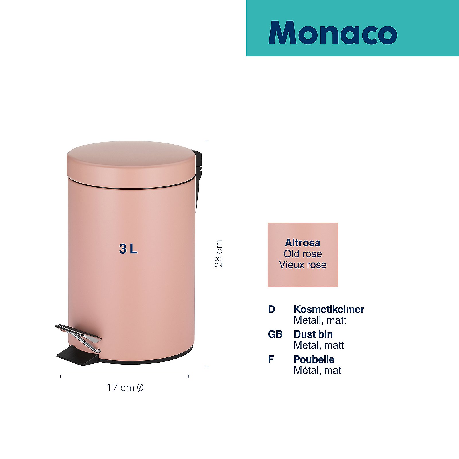 Kela Kosmetikeimer Monaco ROSE in Metall perlrosa, Abfalleimer, Müllbehälter, 3L, Metall, rosa, Mülleimer, Abfallbehälter, Metall, Rosa, 3 L