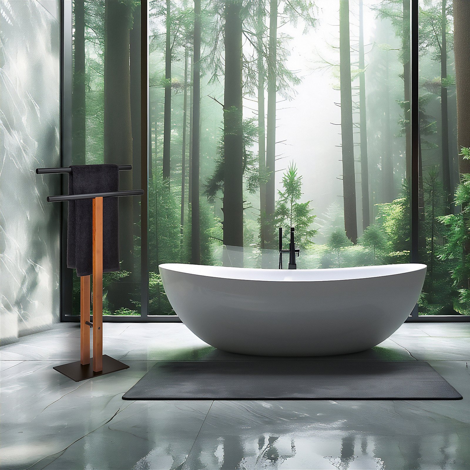 Kela Handtuchhalter AMIR in Farbe Schwarz, freetstanding bathtub, oval bathtub, forest wallpaper, bathroom mat, towel rack, freistehende Badewanne, ovale Badewanne, schwarzer Wasserhahn, Wald-Wandbild, Badezimmermatte