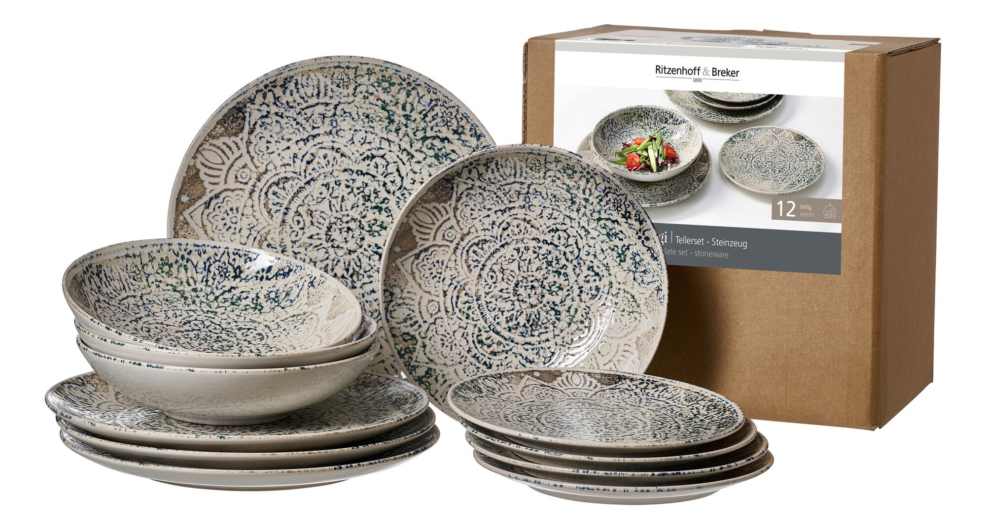 Ritzenhoff & Breker Tellerset LUIGI 12tlg. aus Steinzeug beige/blau/grün Ritzenhoff & Breker Tellerset LUIGI 12tlg. aus Steinzeug beige/blau/grün, keramik-teller, steinzeug, blaues muster, Geschirrset, 12-teilig