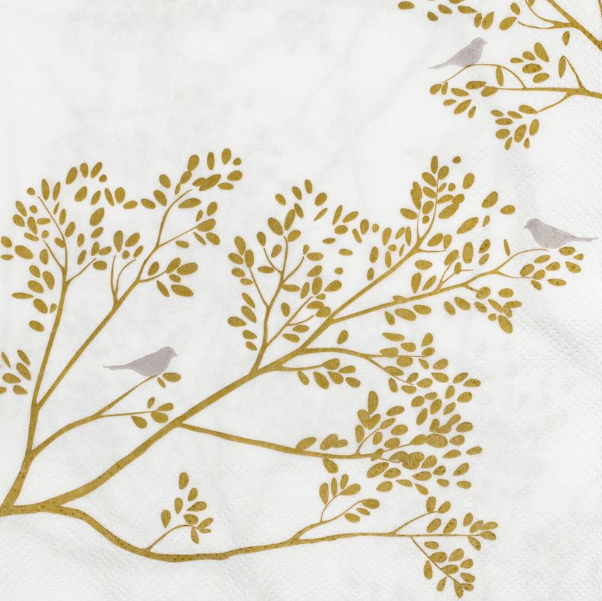 Räder Serviette "Goldvogel" in Farbe weiß, gold, papierservietten, baumzweig, goldenefarbe, vögel, muster