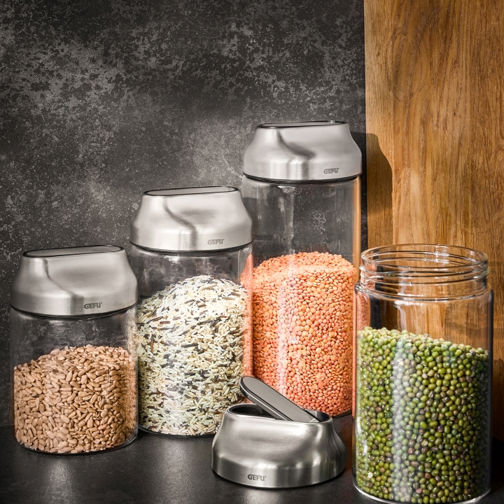 GEFU Vorratsdose KIPPO in Farbe schwarz/silber/transparent, glasbehälter, glasdose, aufbewahrungsbehälter, getreidekörner, pflanzliche samen
