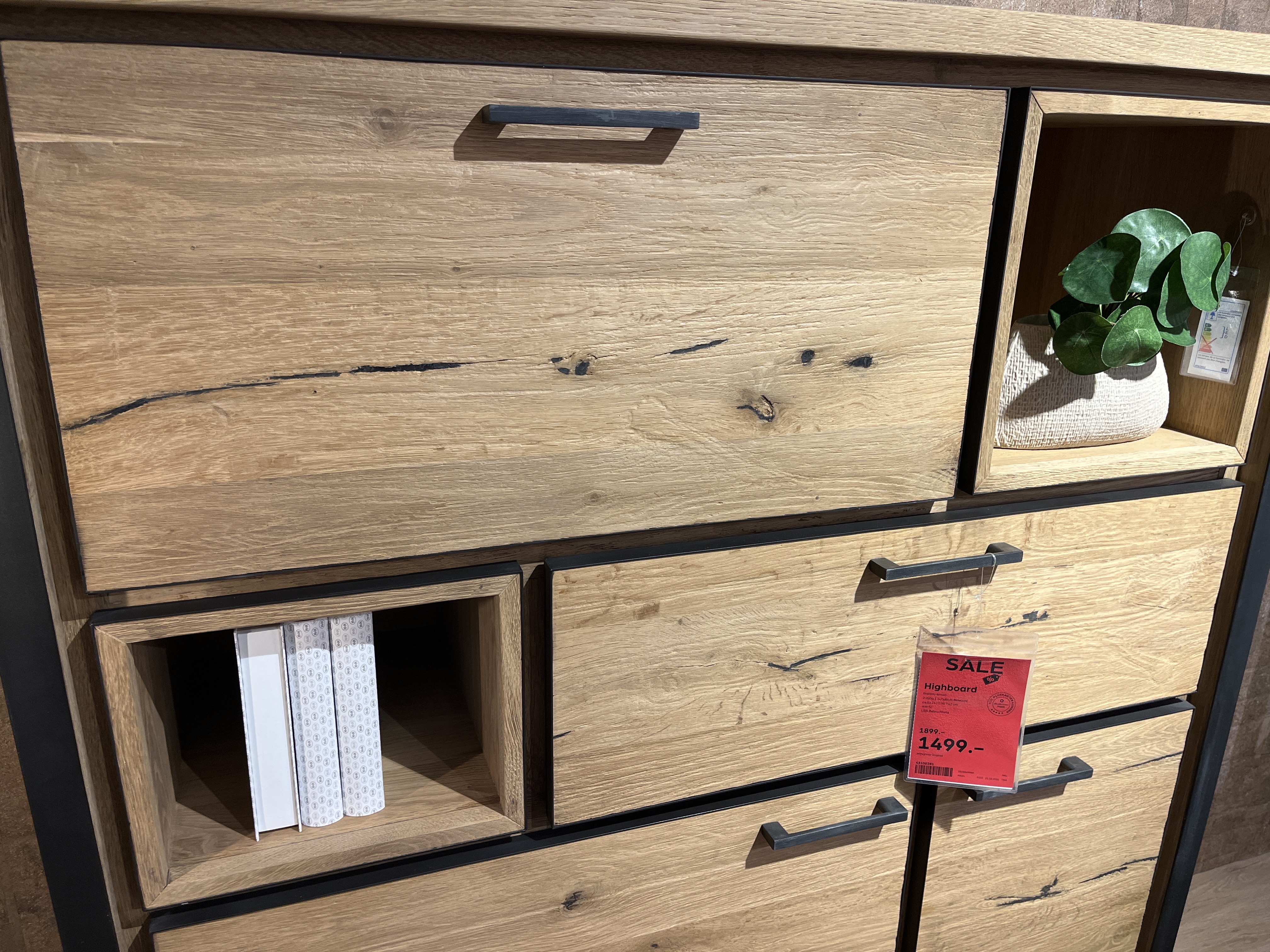 Henders & Hazel Highboard Metalo in Railway brown, Highboard, Eicheoptik, Holzmaserung, Schwarze Griffe, Offene Fächer