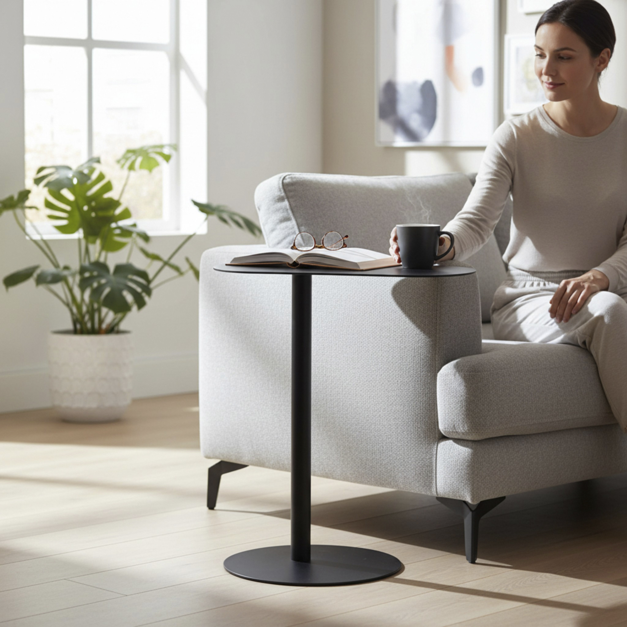 Beistelltisch CONNOR in Schwarz, Wohnzimmer Tisch, Beistelltisch, Rundtisch, schwarzer Metallfuß, Kaffeetisch, Wohnzimmerstuhl, Beistelltisch, Beistelltisch rund, Kaffeetisch, Wohntextilien