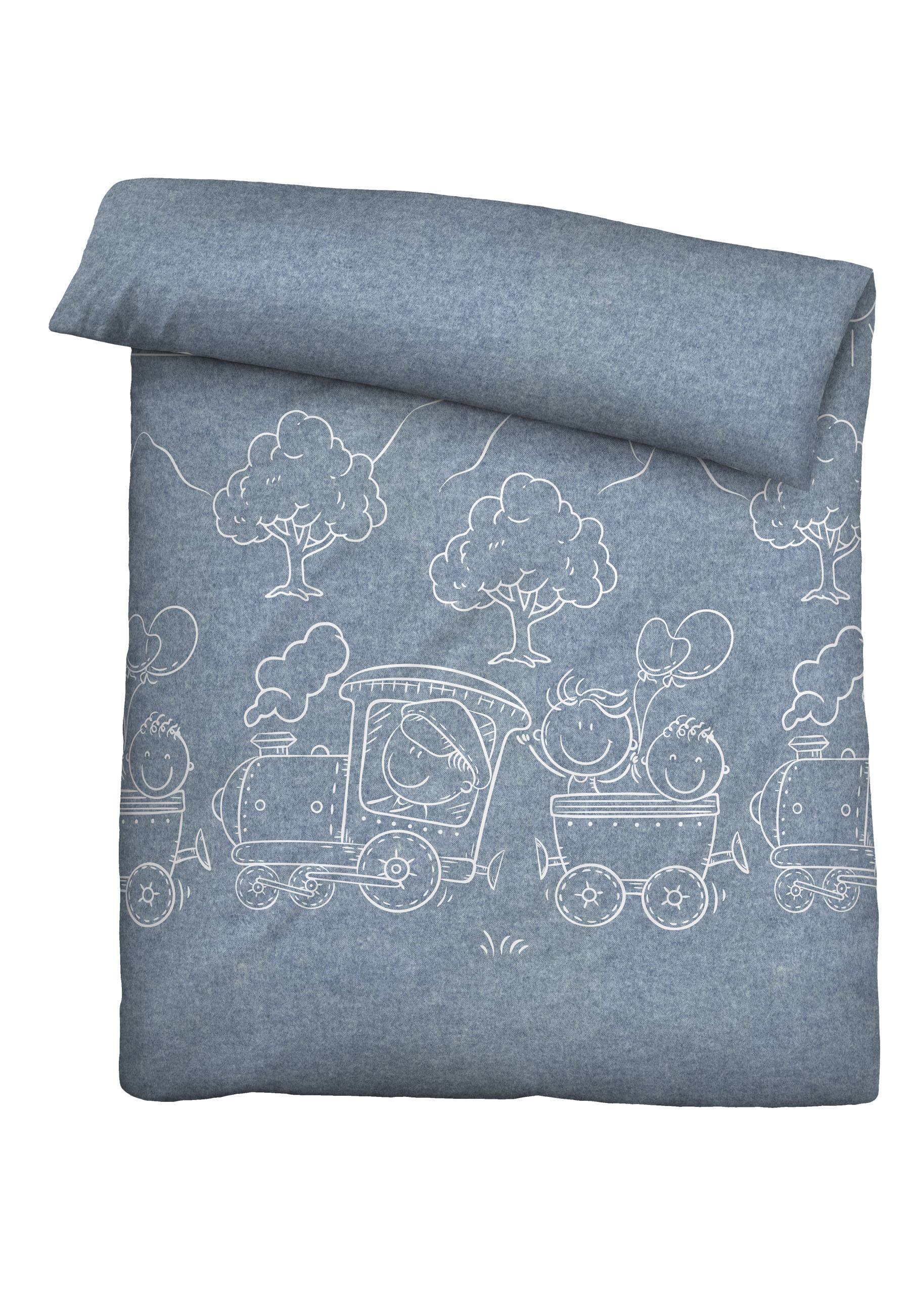 biberna Melange-Flanell-Bettwäsche ca. 135x200cm in Farbe Blau, Decke, Bettwäsche, Denimblau, Motiv-Wagen, Waldszene
