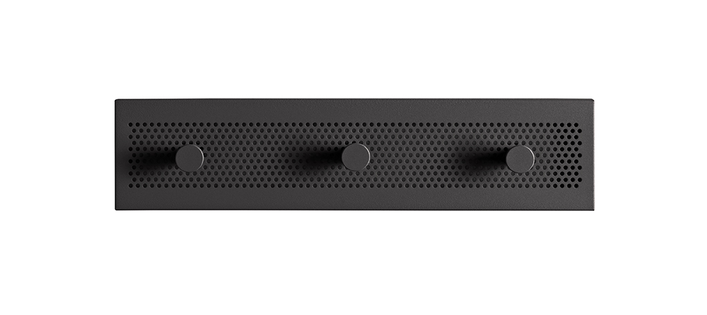 Garderobenleiste PEDRO in Schwarz, rack-mount, audio-processor, front-panel, knob-control, perforated metal, audiophile, soundbar, grille, drei-knöpfe, rechteckig
