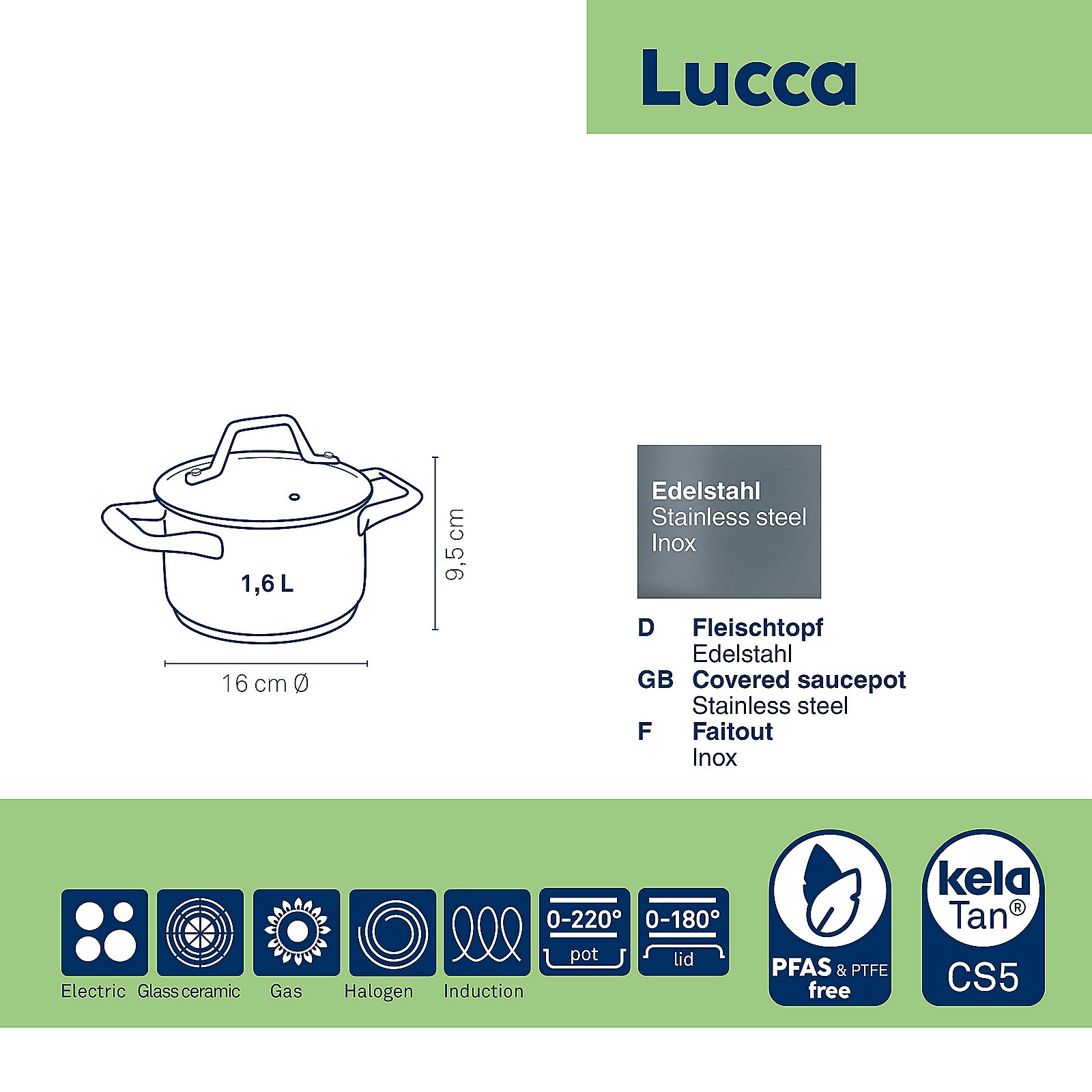 Kela Fleischtopf LUCCA in Farbe silber glänzend, Kasserolle, 1,6 L, Stainless steel, Inox, Stielkasserolle