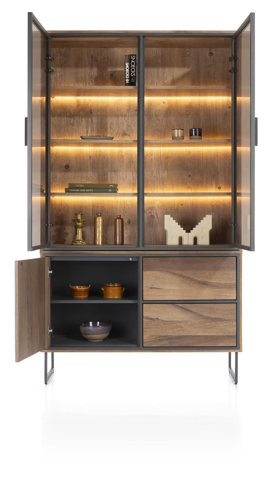 Henders & Hazel Buffet TRAPANI ca. B120 H210 T42 cm in Mango furniert smoked lack., Vitrine, Glasvitrine, Holz】, LED-Beleuchtung, Aufbewahrungsschrank